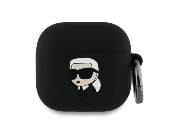 Karl Lagerfeld KLA4RUNIKK -kotelo AirPods 4:lle, musta/musta silikoni, Karl Head 3D