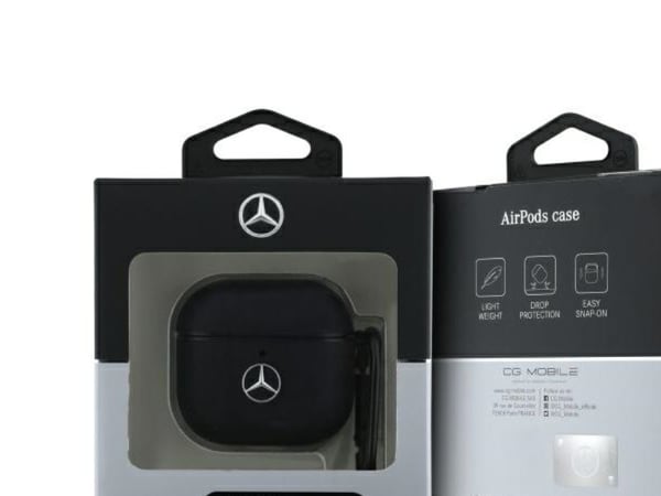 Mercedes MEA4CSLBK AirPods 4-deksel - svart lær metall-logo