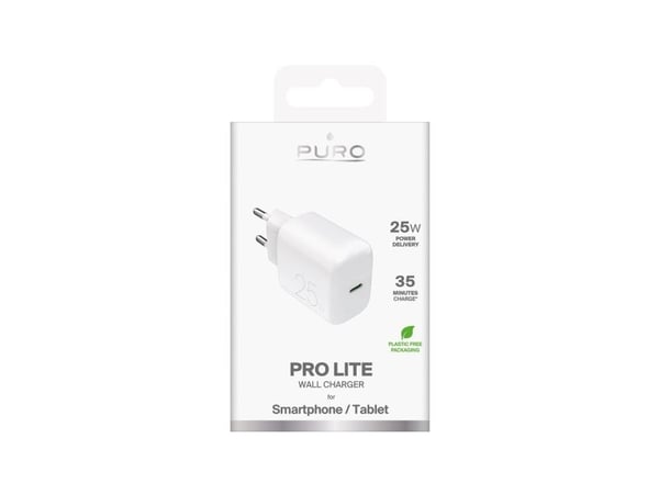 PURO Wall Charger "PRO LITE" 1x USB-C, 25W, Power Delivery,, Innendørs, AC, Hvit