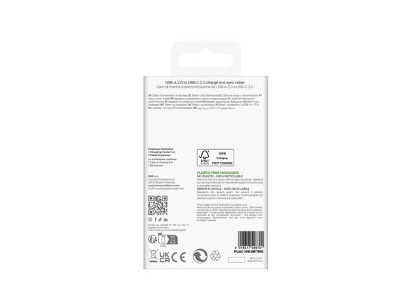 Puro TPE 10W USB-A USB-C-kaapeli 3m - valkoinen