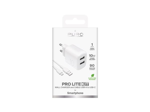 Puro PROLITE 10W 2x USB-A verkkovirtalaturi + USB-A - USB-C 1.2m kaapeli - valkoinen