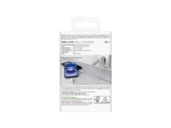 Puro PROLITE 10W 2x USB-A verkkovirtalaturi + USB-A - USB-C 1.2m kaapeli - valkoinen