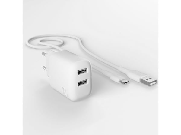 Puro PROLITE 10W 2x USB-A verkkovirtalaturi + USB-A - USB-C 1.2m kaapeli - valkoinen