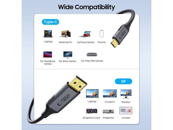 TECH-PROTECT ULTRABOOST kabel USB-C till DisplayPort 1.4 8K 60Hz 180 cm svart