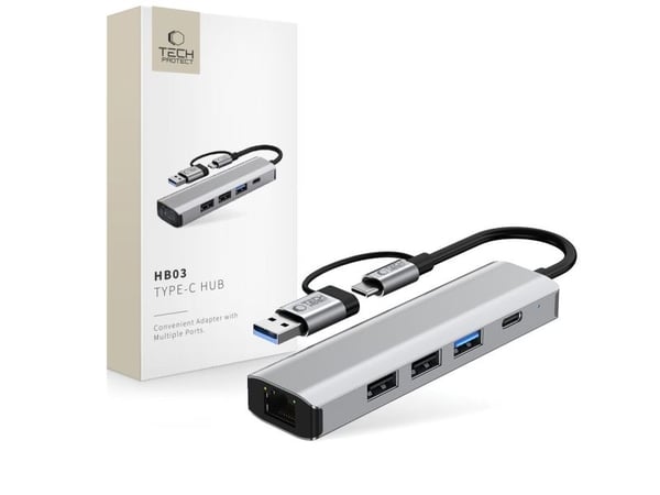 TECH-PROTECT HB03 hub-adapter 5-i-1 USB-C + USB2.0 + USB3.0 + RJ45 space grey