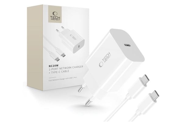 TECH-PROTECT NC20W 1-PORT NETWORK CHARGER PD20W + TYPE-C CABLE WHITE