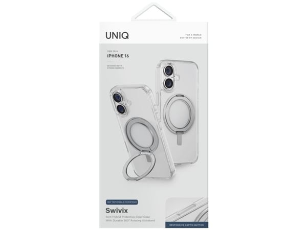 UNIQ Swivix iPhone 16-deksel 360 roterende stativ gjennomsiktig