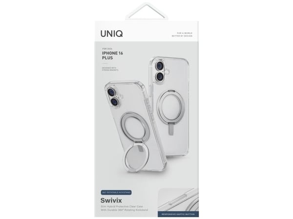 UNIQ Swivix-deksel til iPhone 16 Plus 360 Roterende Kickstand Transparent