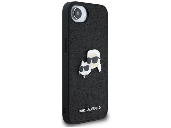 Karl Lagerfeld fast glitter Karl&Choupette-huvud metallnål-skal till iPhone 16e - svart