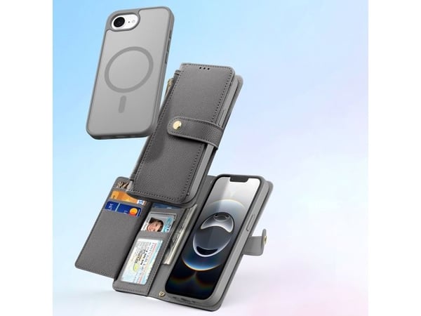 Dux Ducis Lawa iPhone 16e lærveske med avtakbar magnetisk lommebok - grå