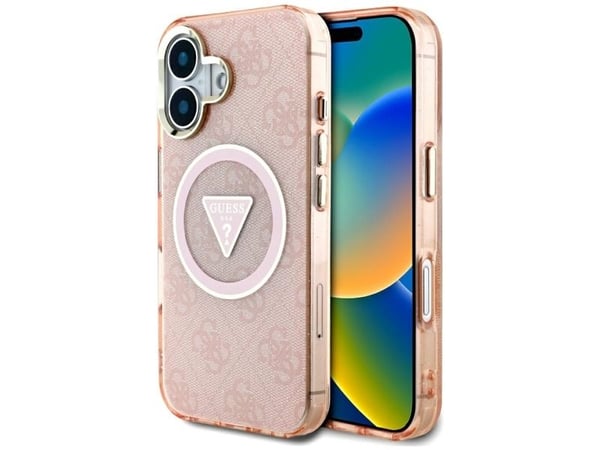 Guess IML Metallglitter 4G Cirkel Triangel MagSafe-skydd till iPhone 16 - rosa