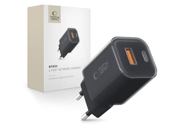 Tech-Protect NCM33W nettverkslader, 2-porter, NETWORK CHARGER PD33W/QC3.0, svart