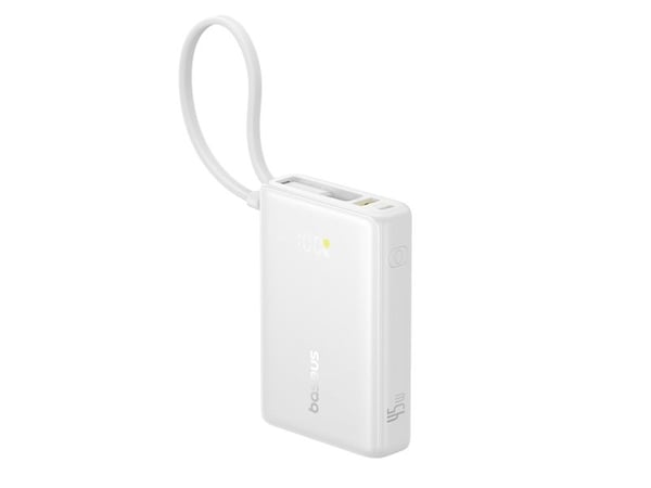 Baseus PicoGo - Strømbank - with built-in USB-C cable - 10000 mAh - 45 watt - Fast Charge - 3 utgangskontakter (2 x USB-C, USB) - månehvit