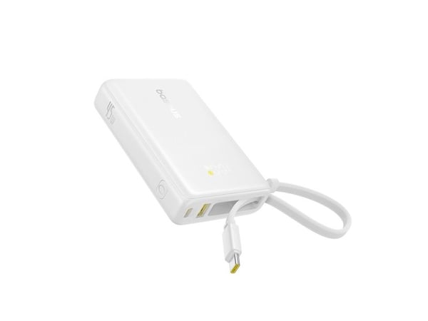Baseus PicoGo - Strømbank - with built-in USB-C cable - 10000 mAh - 45 watt - Fast Charge - 3 utgangskontakter (2 x USB-C, USB) - månehvit