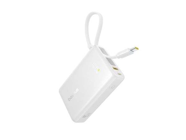 Baseus PicoGo - Strømbank - with built-in USB-C cable - 10000 mAh - 45 watt - Fast Charge - 3 utgangskontakter (2 x USB-C, USB) - månehvit