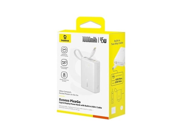 Baseus PicoGo - Strømbank - with built-in USB-C cable - 10000 mAh - 45 watt - Fast Charge - 3 utgangskontakter (2 x USB-C, USB) - månehvit