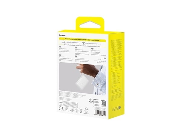 Baseus PicoGo - Strømbank - with built-in USB-C cable - 10000 mAh - 45 watt - Fast Charge - 3 utgangskontakter (2 x USB-C, USB) - månehvit