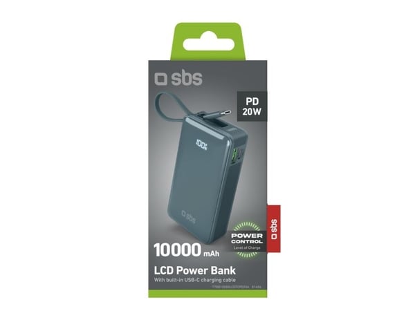 SBS Power Bank 10 000 mAh integroidulla USB-C-kaapelilla cyanvärinen