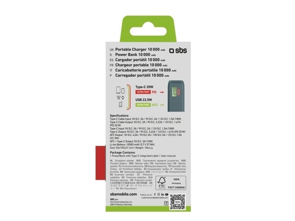 SBS Power Bank 10 000 mAh integroidulla USB-C-kaapelilla cyanvärinen