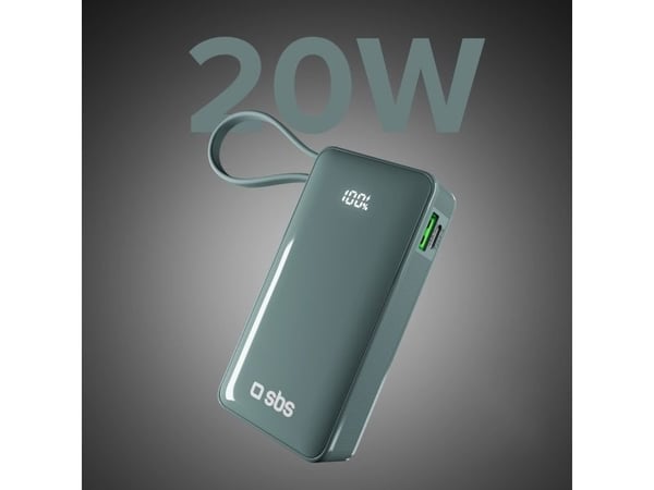 SBS Power Bank 10 000 mAh integroidulla USB-C-kaapelilla cyanvärinen
