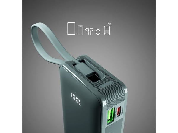 SBS Power Bank 10 000 mAh integroidulla USB-C-kaapelilla cyanvärinen
