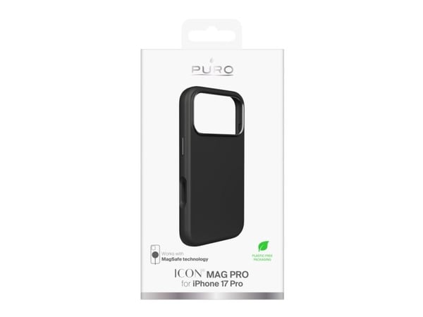 Puro Icon Mag Pro flytende silikondeksel til iPhone 17 Pro - MagSafe-kompatibelt, med kamerabeskyttelse og aluminiums-knapper - svart