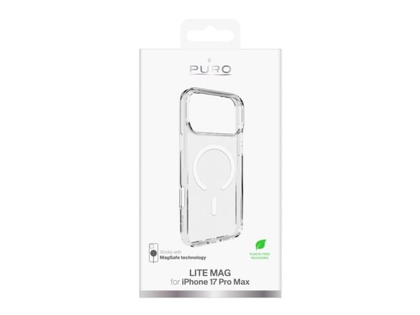 Puro Lite Mag TPU+PC-kompatibelt etui med MagSafe for iPhone 17 Pro Max - gjennomsiktig med hvit ring