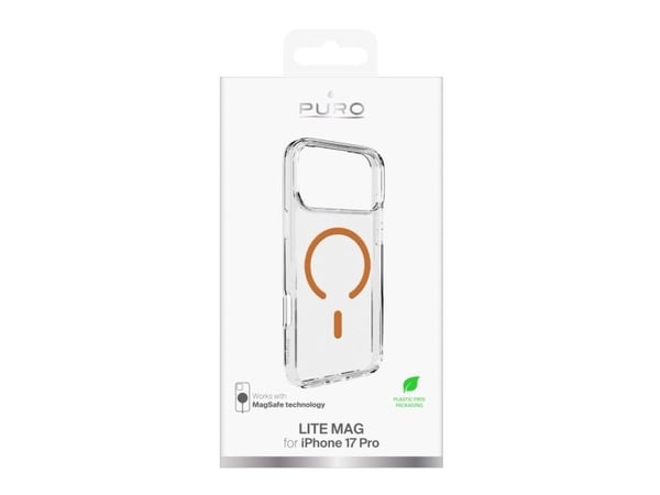 Puro Lite Mag TPU+PC-kompatibelt etui med MagSafe for iPhone 17 Pro - gjennomsiktig med oransje ring