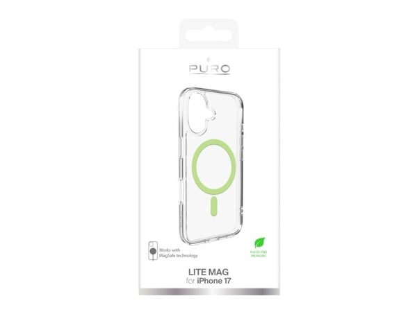 Puro Lite Mag TPU+PC-kompatibelt etui med MagSafe for iPhone 17 - gjennomsiktig med grønn ring