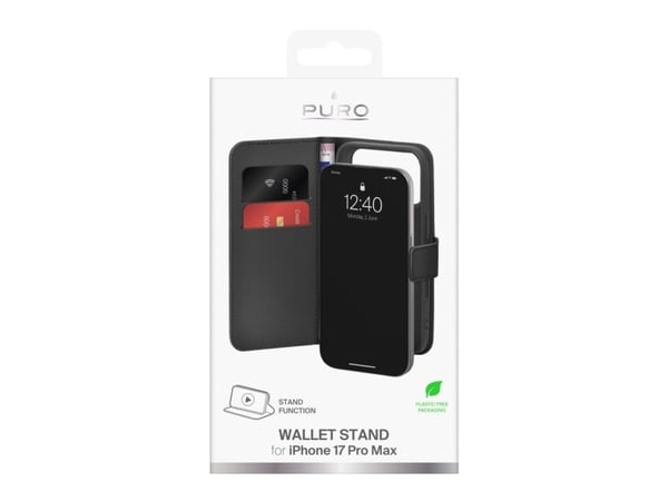 Puro Wallet Stand-deksel til iPhone 17 Pro Max i øko-lær med klaff, lommebok & stativfunksjon - svart