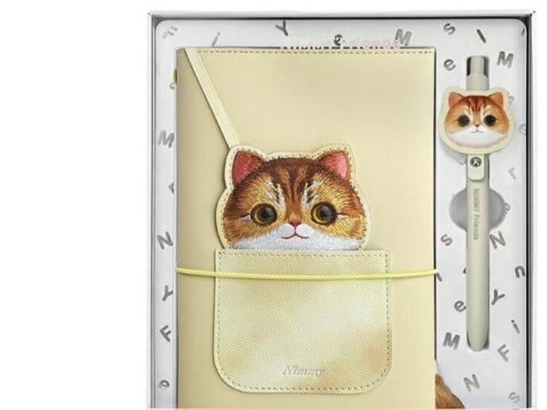 Nimmy sett 2-i-1 notatbok + penn khaki farge Big Eyed Pet 2.0 Kat