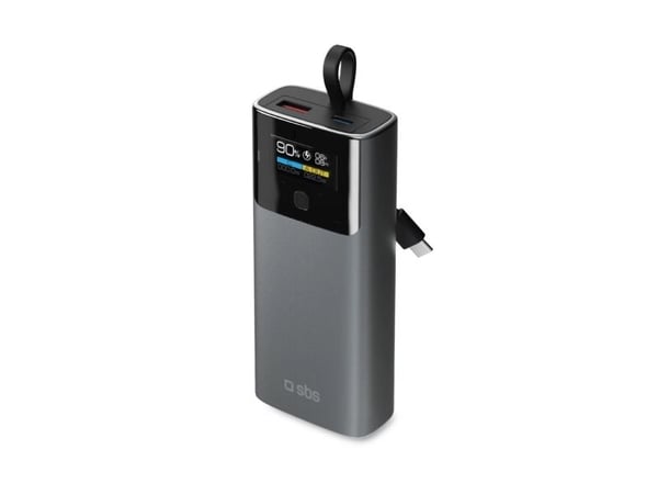 SBS 10000 mAh PD 20W med LCD-skjerm og innebygd USB-C-kabel grå