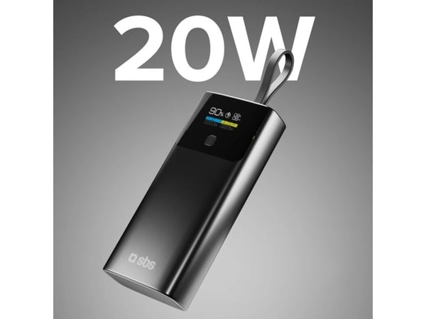 SBS 10000 mAh PD 20W med LCD-skjerm og innebygd USB-C-kabel grå