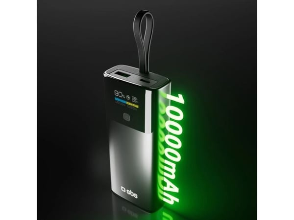 SBS 10000 mAh PD 20W med LCD-skjerm og innebygd USB-C-kabel grå