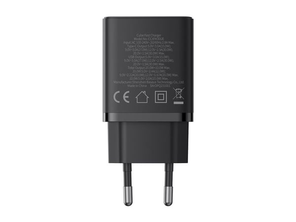 Baseus P10111404113-00 Cube USB-C / USB-A 30W nettlader, svart (P10111404113-00)