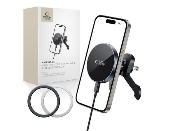 TECH-PROTECT MM15W-V5 magnetisk Magsafe bilvifteholder med trådløs lader 15W - sort/sort