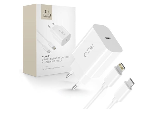 TECH-PROTECT NC20W 1-PORT NETWORK CHARGER PD20W + LIGHTNING CABLE WHITE