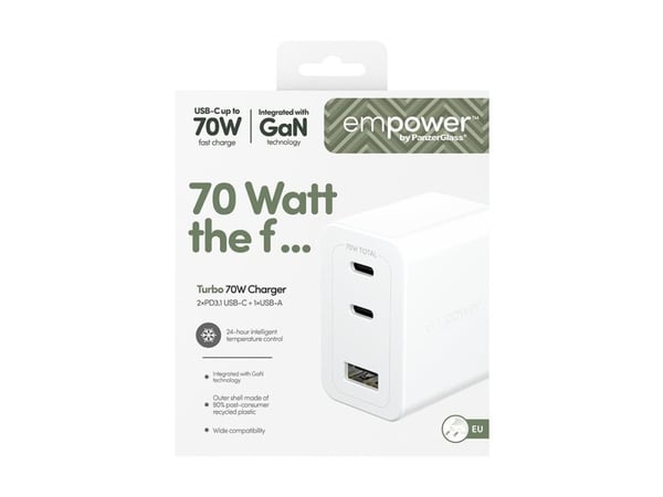 empower by PanzerGlass - Strømadapter - 70 watt - Power Delivery 3.1 - 3 utgangskontakter (2 x USB-C, USB-type A) - sølvhvit