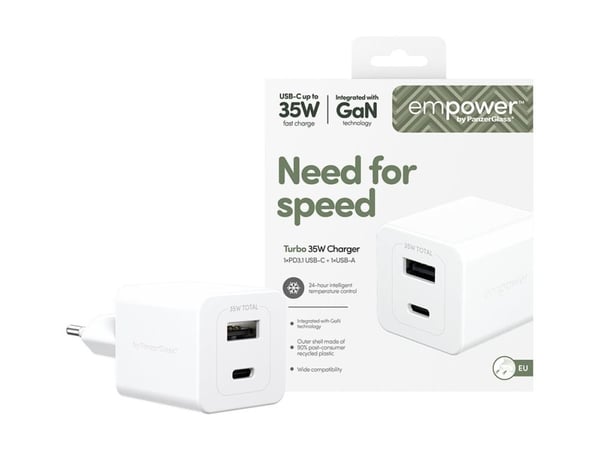 empower by PanzerGlass - Strømadapter - 35 watt - Power Delivery 3.1 - 2 utgangskontakter (USB-C, USB-type A) - sølvhvit