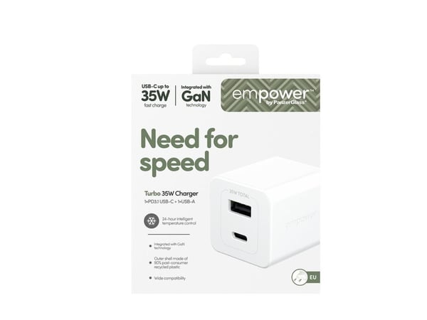 empower by PanzerGlass - Strømadapter - 35 watt - Power Delivery 3.1 - 2 utgangskontakter (USB-C, USB-type A) - sølvhvit