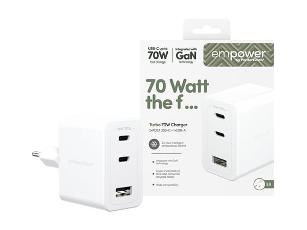 empower by PanzerGlass - Strømadapter - 70 watt - Power Delivery 3.1 - 3 utgangskontakter (2 x USB-C, USB-type A) - sølvhvit
