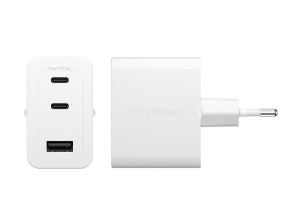 empower by PanzerGlass - Strømadapter - 70 watt - Power Delivery 3.1 - 3 utgangskontakter (2 x USB-C, USB-type A) - sølvhvit