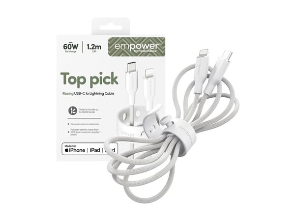 empower by PanzerGlass Racing - Lightning-kabel - USB-C hane till Lightning hane - 1.2 m - silvervit - Snabbladdning upp till 60 W
