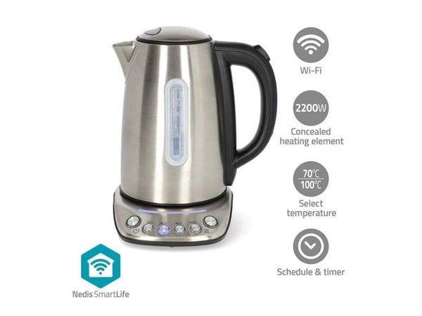 Nedis KAWK8000WIFI, 1,7 l, 2200 W, Rustfritt stål, Rustfritt stål, Justerbar termostat, Trådløs