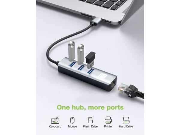 Verkkokortti/adapteri USB 3.0 RJ45 Gigabitiin, keskittimen 3x USB-A:ksi