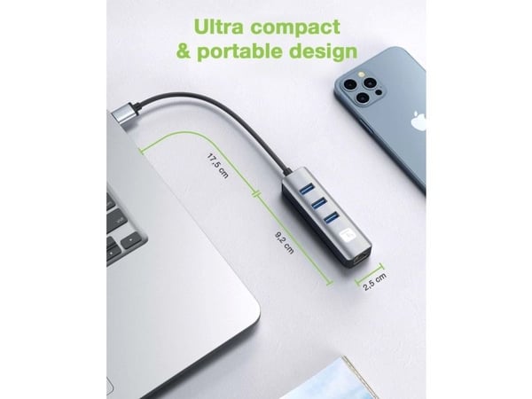 Verkkokortti/adapteri USB 3.0 RJ45 Gigabitiin, keskittimen 3x USB-A:ksi