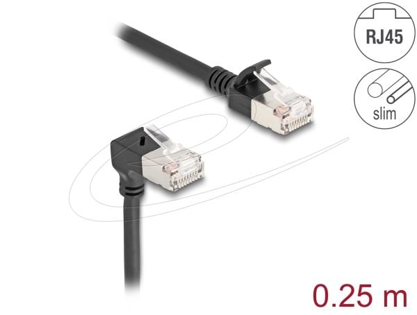 Delock - Nettverkskabel - RJ-45 (hann) nedvinklet til RJ-45 (hann) rett - 25 cm - 4.5 mm - S/FTP - CAT 6a - halogenfri - svart