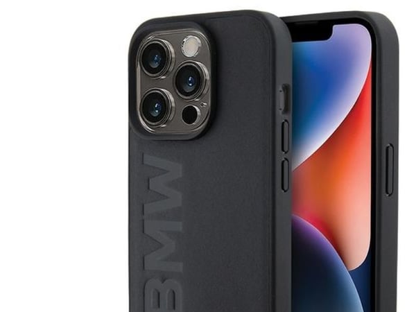 BMW läder hot stamp-skal för iPhone 15 Pro Max - svart