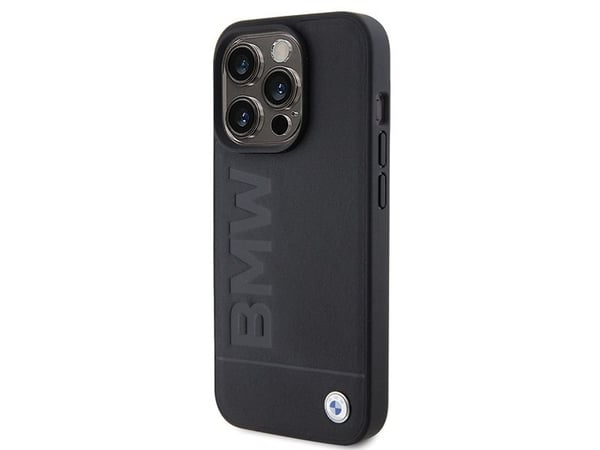 BMW läder hot stamp-skal för iPhone 15 Pro Max - svart