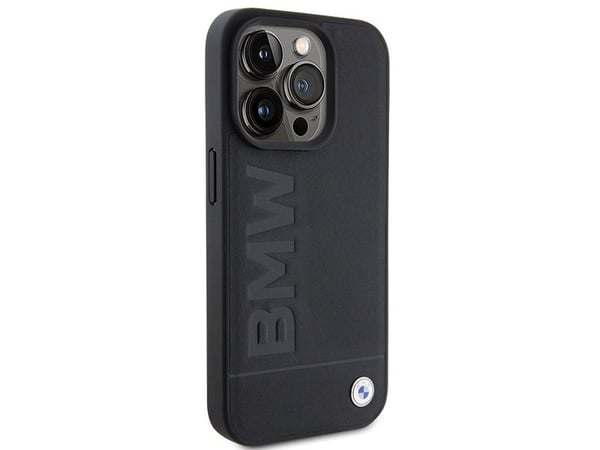 BMW läder hot stamp-skal för iPhone 15 Pro Max - svart